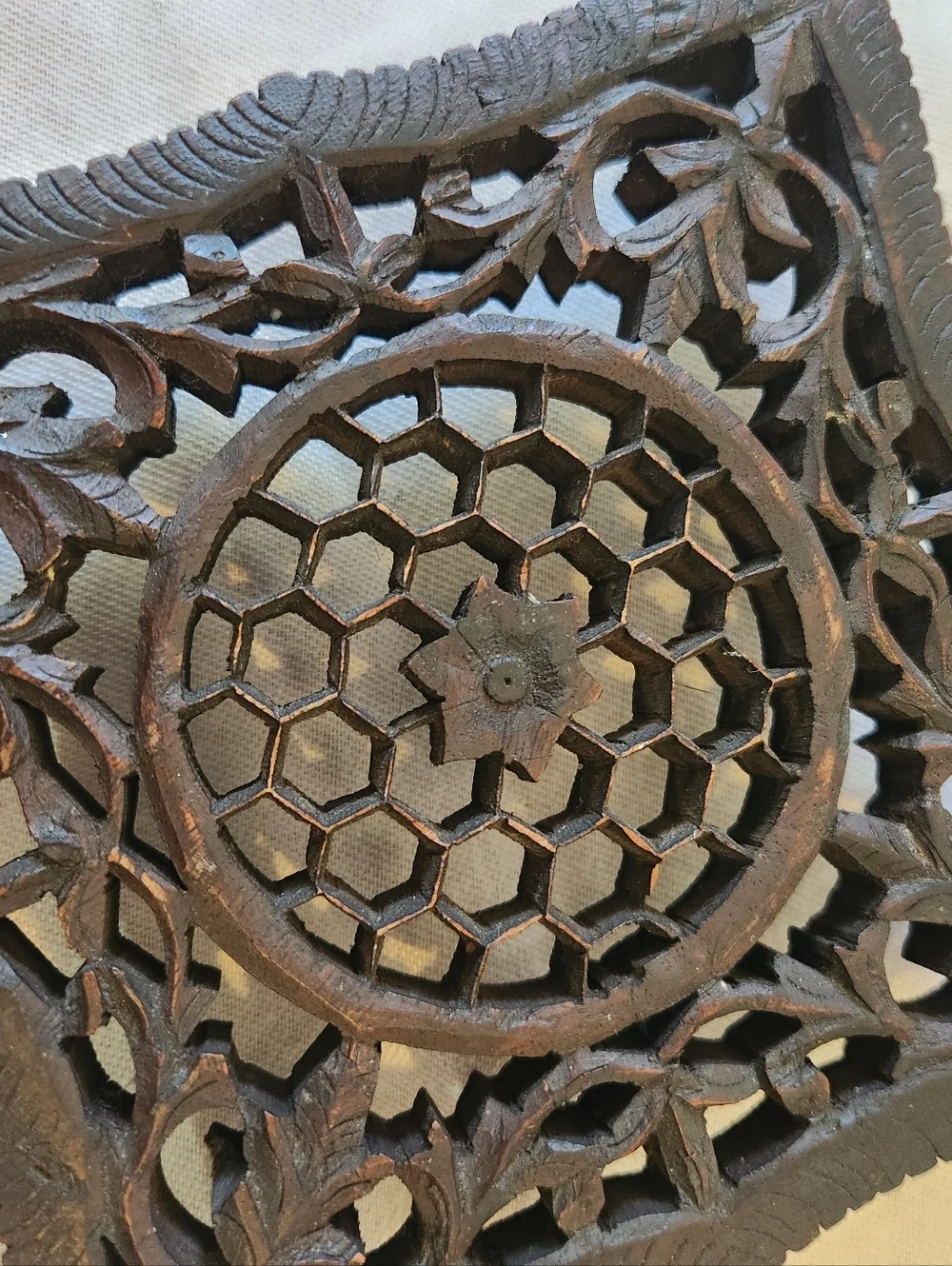Vintage Wooden Trivet Hand Carved Ornate Kitchen Hot Plate Decor Made In India